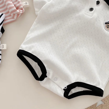 Baby Striped Hoodie for Boys Aged 0-2 in Summer, Stylish Teddy Bear Jumpsuit for Newborns, Trendy Fart Bag Outfit