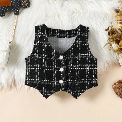 Autumn Winter Fashion Kids Outfits Set Toddler Long Sleeve Lace Tops Plaid Vest Jacket With Skirts For Girls Casual Elegant Wear
