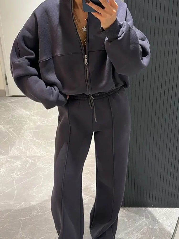 Autumn Outfits For Women 2 Piece Set Solid Color Zipper Loose Jacket + Drawstring Wide-leg Trousers Camping Tenue De Sport Femme