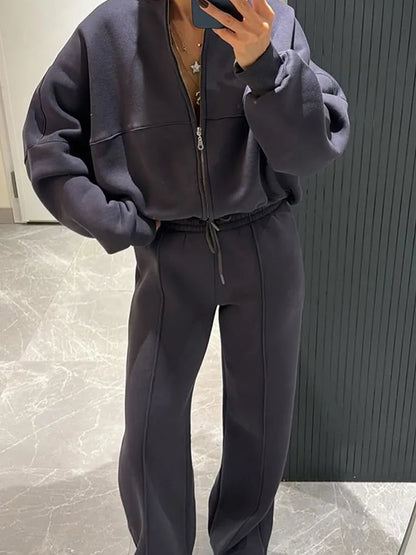 Autumn Outfits For Women 2 Piece Set Solid Color Zipper Loose Jacket + Drawstring Wide-leg Trousers Camping Tenue De Sport Femme