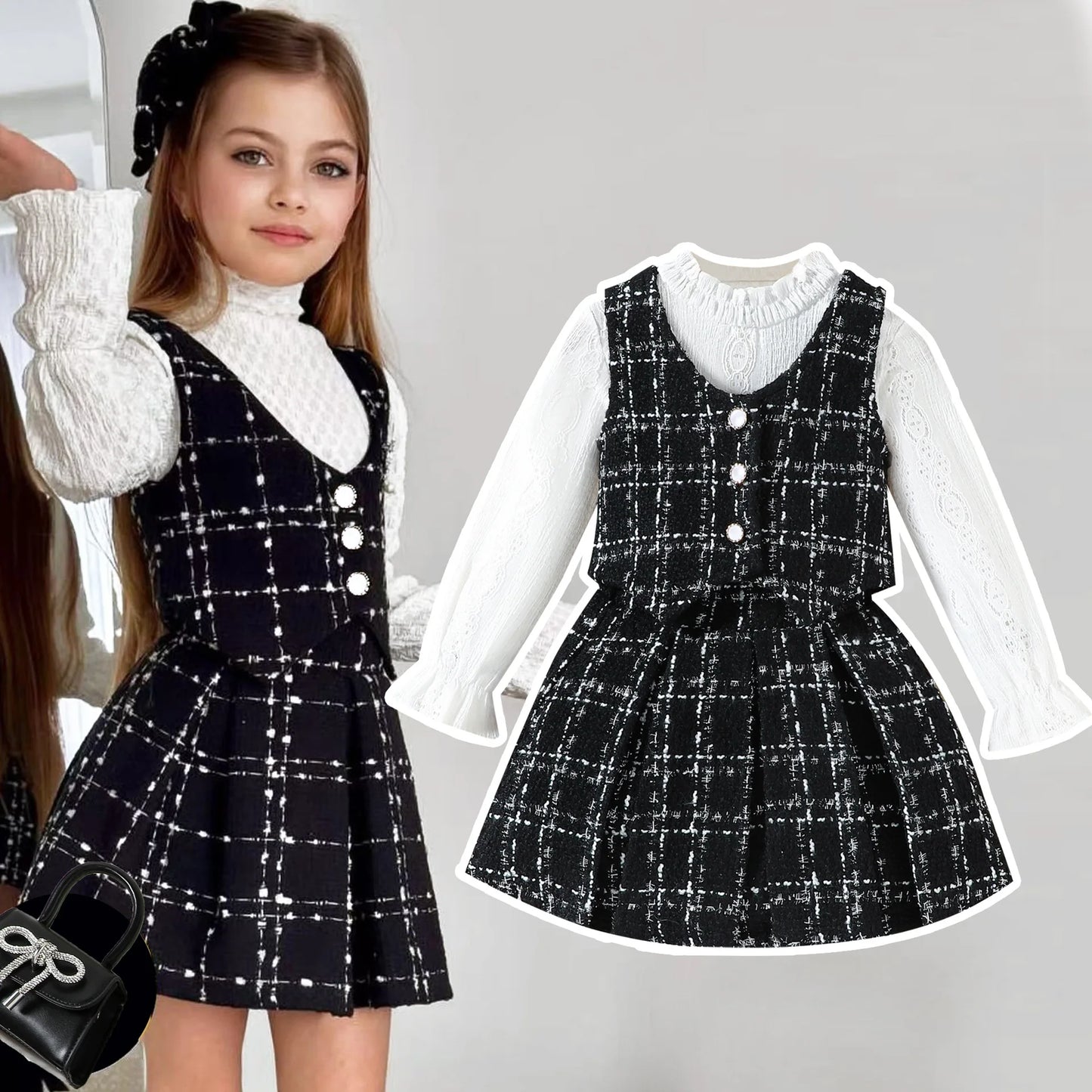 Autumn Winter Fashion Kids Outfits Set Toddler Long Sleeve Lace Tops Plaid Vest Jacket With Skirts For Girls Casual Elegant Wear
