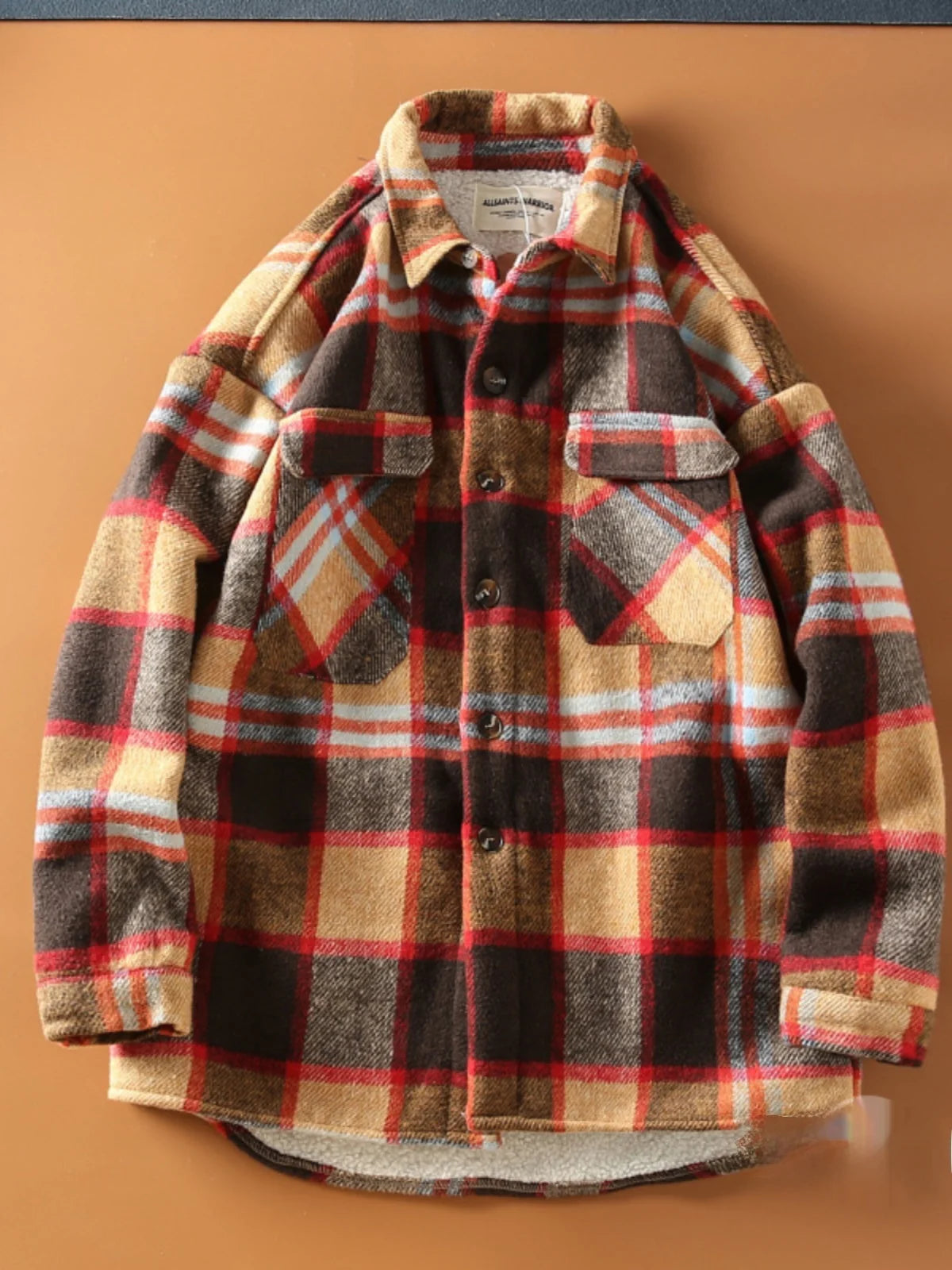 Autumn Winter American Sle Men's Casual irt Collared Fce Lined Thiened Brued Plaid Lamb Velvet Coat Youth Trend