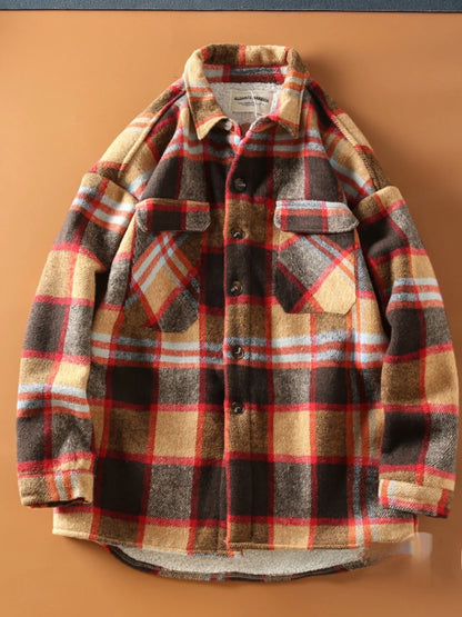 Autumn Winter American Sle Men's Casual irt Collared Fce Lined Thiened Brued Plaid Lamb Velvet Coat Youth Trend