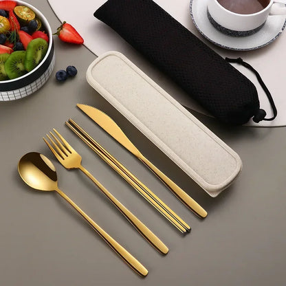Eco Friendly 304 Dinnerware Set, Portable Cutlery Sets with Case, Kitchen Accessories, Gold Knife Fork Spoon Silverware Sets