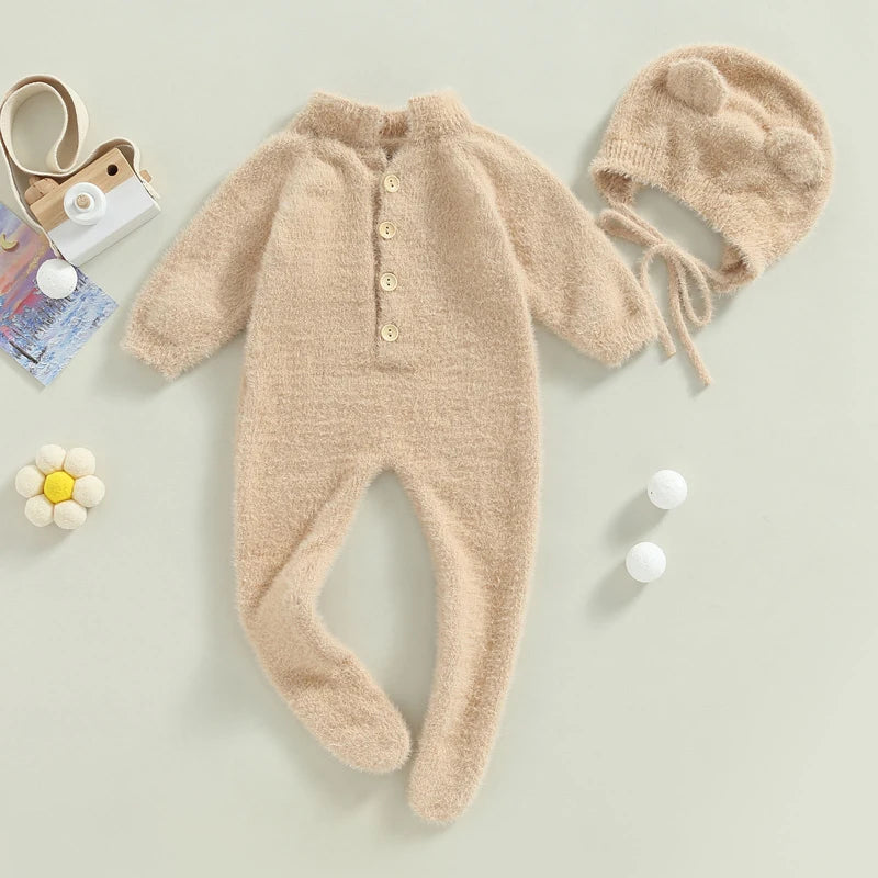 1-24M Baby Boy Girl Bodysuits Outfit Newborn Photography Props Plush Romper with Hat Photography Props