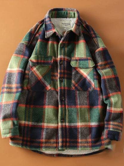Autumn Winter American Sle Men's Casual irt Collared Fce Lined Thiened Brued Plaid Lamb Velvet Coat Youth Trend