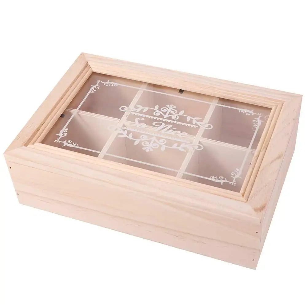 Eco-Friendly 6 Grids Wooden Tea Box Dust-proof with Clear Lid Desktop Organizer Handmade Multifunctional Tea Bag Holder Kitchen