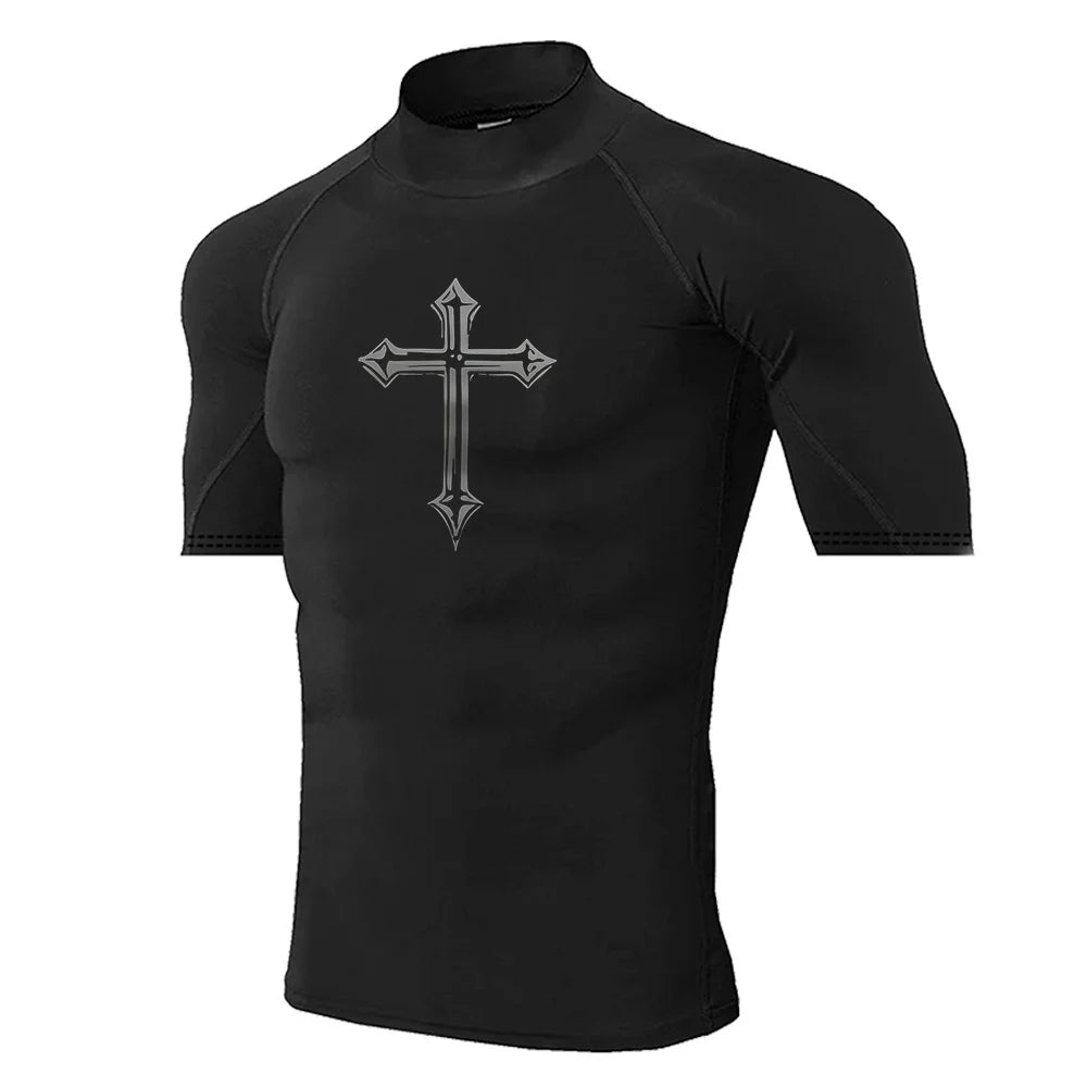 Men's Cross Print High Neck Breathable Training T-Shirt Quick-drying Long Sleeve Fitness Workout Stretch Tight Top S-3XL
