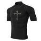 Men's Cross Print High Neck Breathable Training T-Shirt Quick-drying Long Sleeve Fitness Workout Stretch Tight Top S-3XL