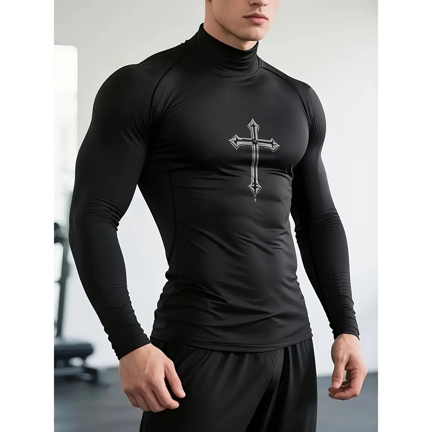 Men's Cross Print High Neck Breathable Training T-Shirt Quick-drying Long Sleeve Fitness Workout Stretch Tight Top S-3XL