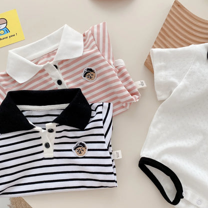 Baby Striped Hoodie for Boys Aged 0-2 in Summer, Stylish Teddy Bear Jumpsuit for Newborns, Trendy Fart Bag Outfit