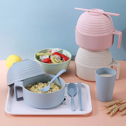 Eco-Friendly Wheat Straw Ramen Bowl Set Student Dorm Microwave Instant Noodles Bowl Home Dinnerware With Lid Handle Salad Bowls