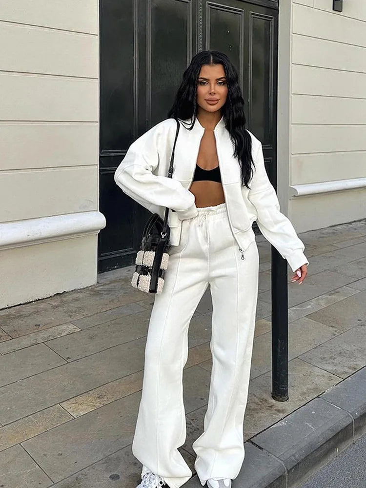 Autumn Outfits For Women 2 Piece Set Solid Color Zipper Loose Jacket + Drawstring Wide-leg Trousers Camping Tenue De Sport Femme