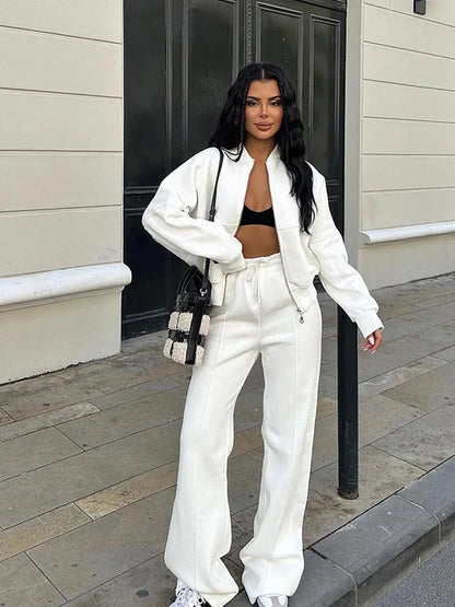 Autumn Outfits For Women 2 Piece Set Solid Color Zipper Loose Jacket + Drawstring Wide-leg Trousers Camping Tenue De Sport Femme