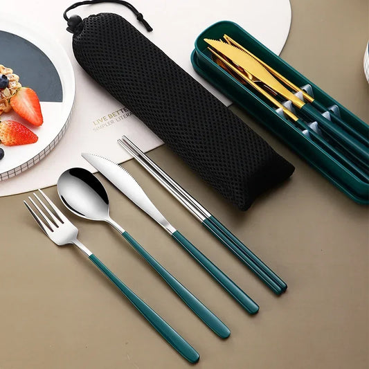Eco Friendly 304 Dinnerware Set, Portable Cutlery Sets with Case, Kitchen Accessories, Gold Knife Fork Spoon Silverware Sets