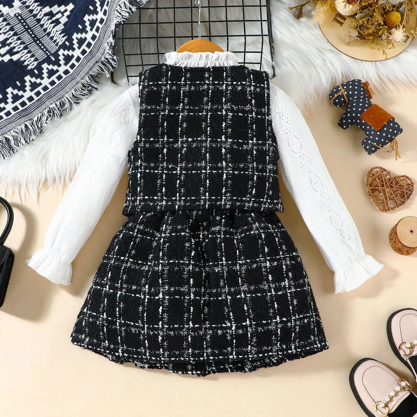 Autumn Winter Fashion Kids Outfits Set Toddler Long Sleeve Lace Tops Plaid Vest Jacket With Skirts For Girls Casual Elegant Wear