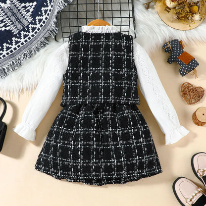 Autumn Winter Fashion Kids Outfits Set Toddler Long Sleeve Lace Tops Plaid Vest Jacket With Skirts For Girls Casual Elegant Wear