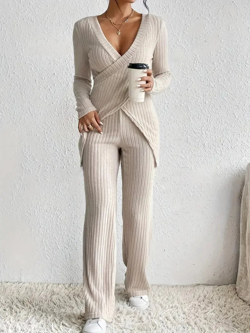 Women's Casual Solid Sets Outfits Fashion Long Sleeve V Neck Slim Tops+High Waist Pants 2 Pieces Set For Woman Autumn Winter New