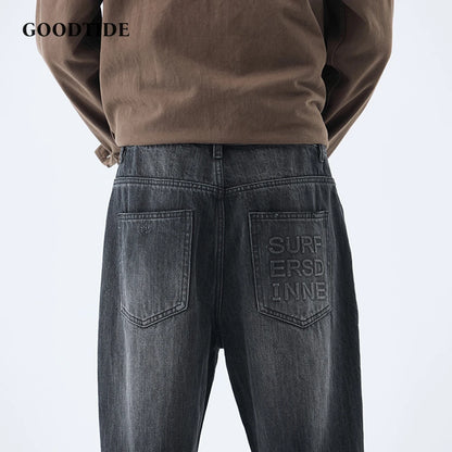 Fashionable Men's Washed Straight Jeans 2025 Autumn New Embroidered Letter Pattern Loose Denim Casual Pants Size 28-40