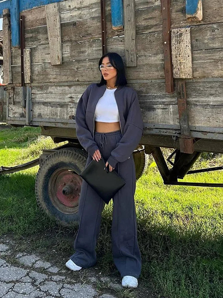 Autumn Outfits For Women 2 Piece Set Solid Color Zipper Loose Jacket + Drawstring Wide-leg Trousers Camping Tenue De Sport Femme