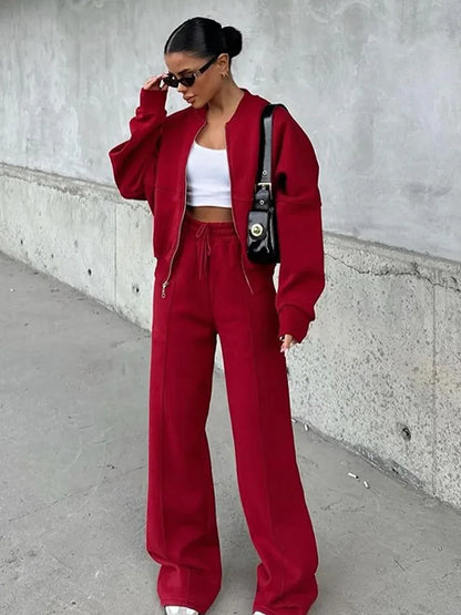 Autumn Outfits For Women 2 Piece Set Solid Color Zipper Loose Jacket + Drawstring Wide-leg Trousers Camping Tenue De Sport Femme