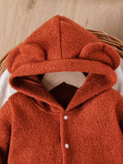 Baby jumpsuit with three-dimensional bear ear hooded design, long sleeved jumpsuit suitable for babies aged 0-12 months
