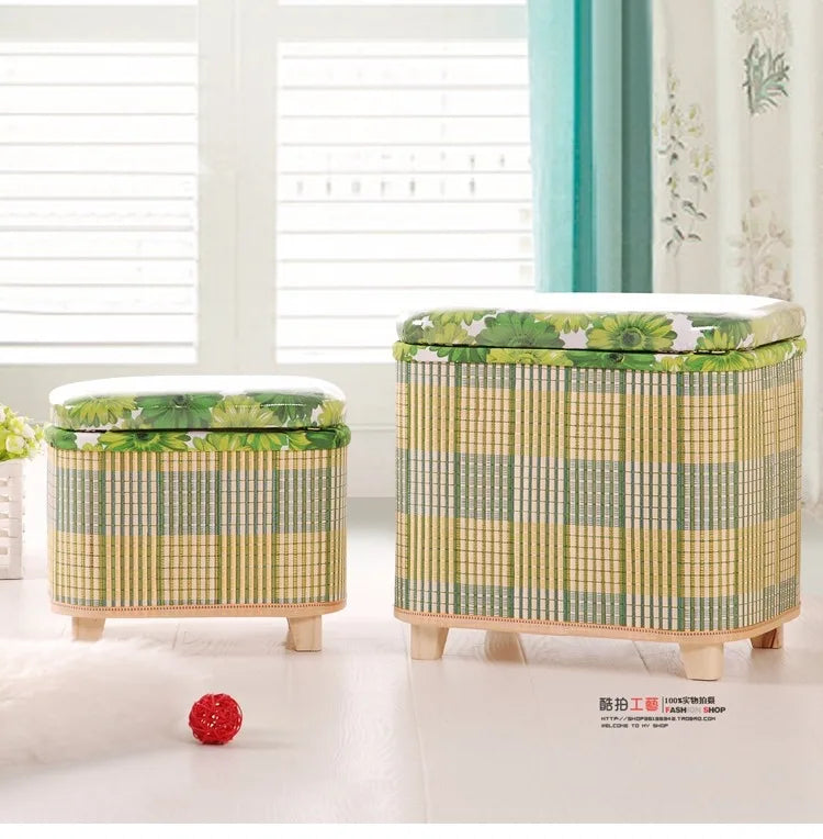 Eco-Friendly Bamboo Woven Storage Stool Wooden Multi-Functional Organizer Box Sofa Bench for Hallway Balcony Shoe Footrest