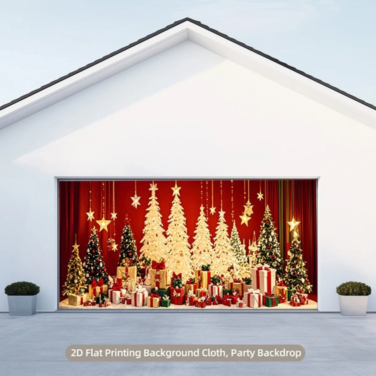Christmas decorations with bright Christmas trees and colorful gift boxes between the red curtain: Light up the holiday dream