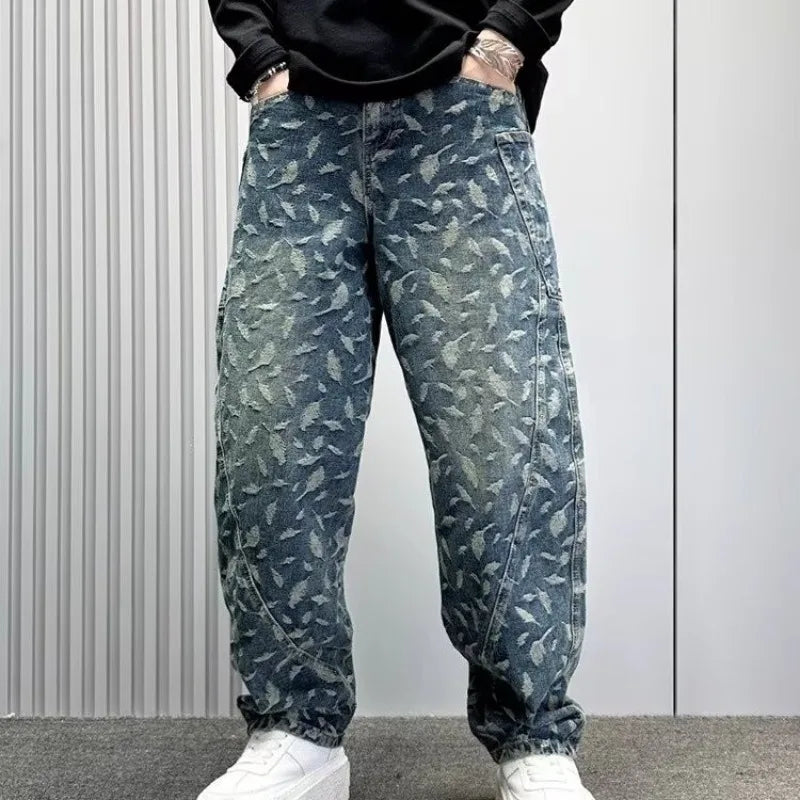 Jacquard Full Print Men's Jeans Retro Straight Loose Trend High Street Scimitar Long Pants 2025 Spring And Summer New