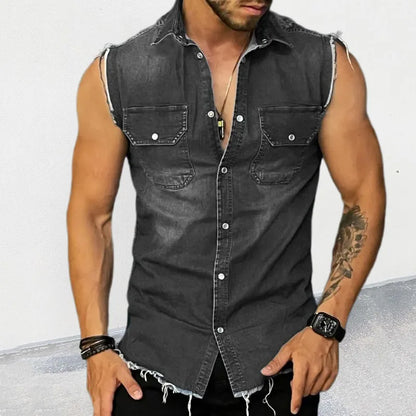 Denim Tank Tops Men's Trendy Shirts Denim Cardigan Lapel Sleeveless Top Men Tank Top Singlet Men Summer Clothing Streetwear