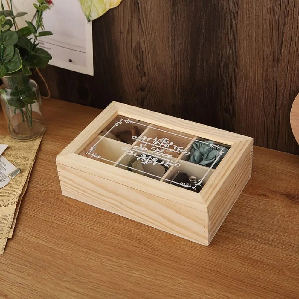 Eco-Friendly 6 Grids Wooden Tea Box Dust-proof with Clear Lid Desktop Organizer Handmade Multifunctional Tea Bag Holder Kitchen