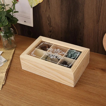 Eco-Friendly 6 Grids Wooden Tea Box Dust-proof with Clear Lid Desktop Organizer Handmade Multifunctional Tea Bag Holder Kitchen