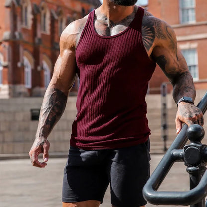Men's Summer O-neck loose stripe gym Tank top Men Fitness sleeveless pullover Sports Undershirt Elasticity casual vest men tops