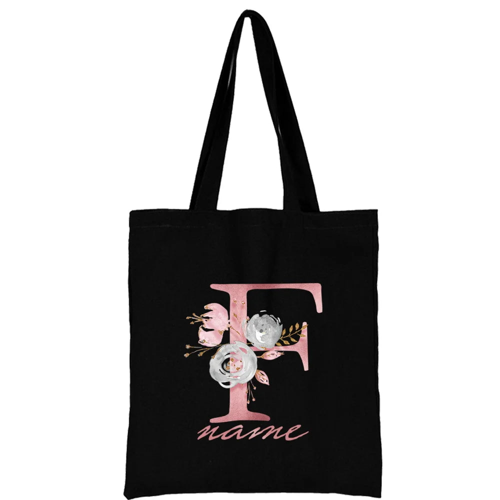 Custom Free Name Canvas Bags Women Shoulder Bag Handbags Pink Letter Beach Bags Tote Casual Woman Grocery Eco Shopping Bag