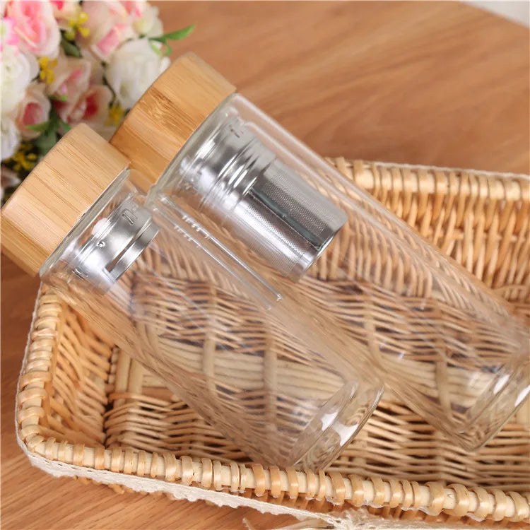 300/400/500ML Double Wall Glass Water Bottle Stainless Steel Filters Bamboo Lid Travel Home Drinkware Tea Infuser Office Tea Cup
