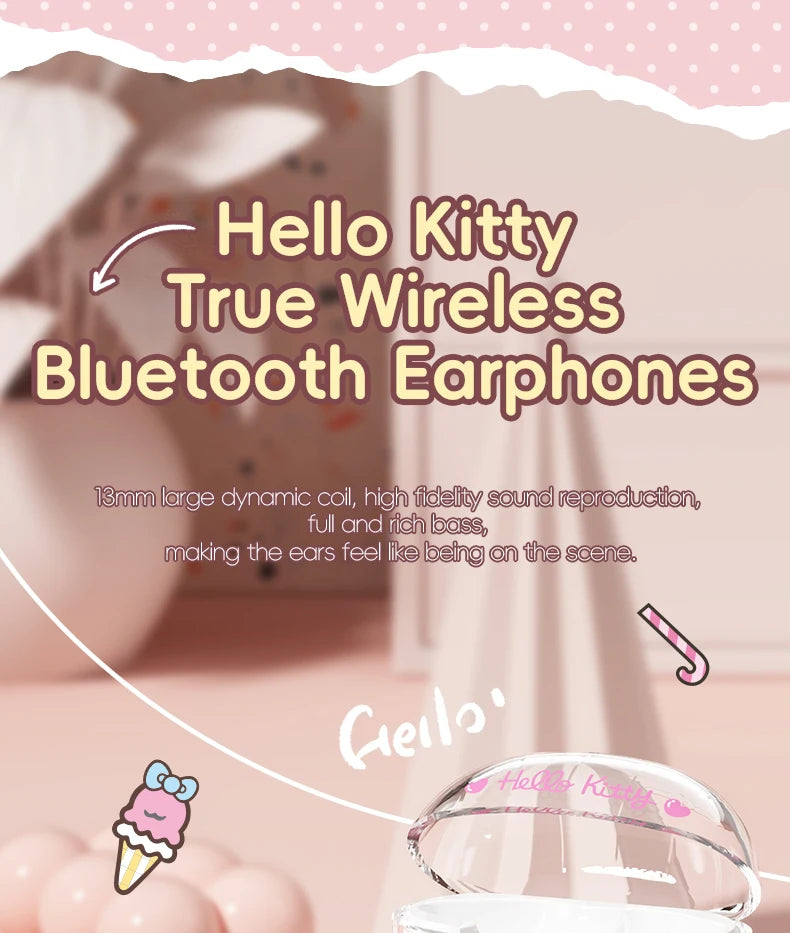 EBL19 Tws Wireless Bluetooth Headset Transparent Case Cute Hello Kitty Design Stereo Sound Earphones for All Smartphones