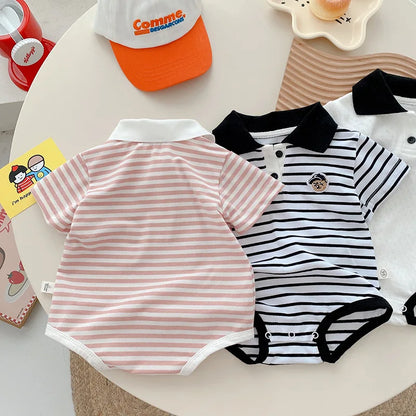 Baby Striped Hoodie for Boys Aged 0-2 in Summer, Stylish Teddy Bear Jumpsuit for Newborns, Trendy Fart Bag Outfit