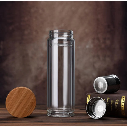300/400/500ML Double Wall Glass Water Bottle Stainless Steel Filters Bamboo Lid Travel Home Drinkware Tea Infuser Office Tea Cup