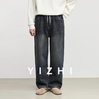 Fashion Men's Casual Thick Jeans 2025 Autumn Winter New Elastic Waist Fleece Lined Washed Loose Straight Leg Casual Long Pants