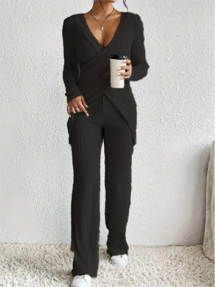 Women's Casual Solid Sets Outfits Fashion Long Sleeve V Neck Slim Tops+High Waist Pants 2 Pieces Set For Woman Autumn Winter New