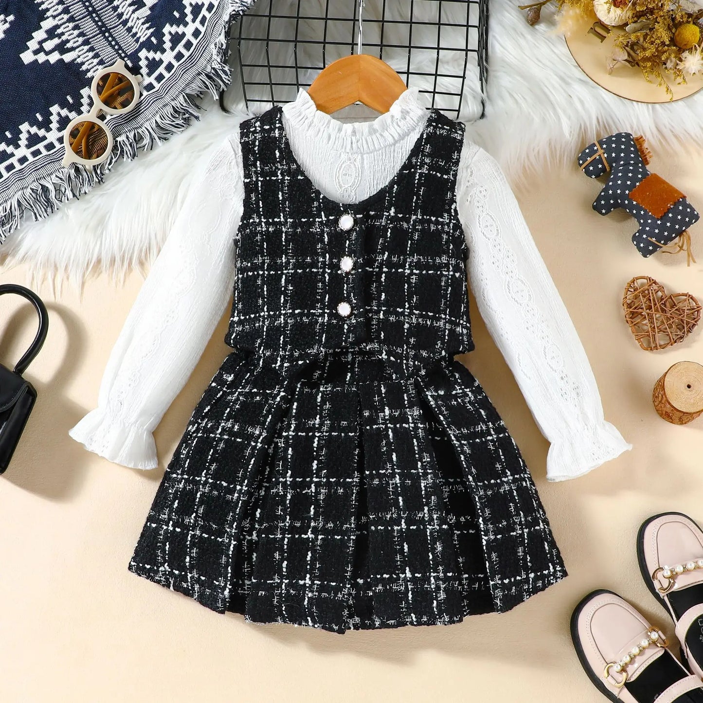 Autumn Winter Fashion Kids Outfits Set Toddler Long Sleeve Lace Tops Plaid Vest Jacket With Skirts For Girls Casual Elegant Wear