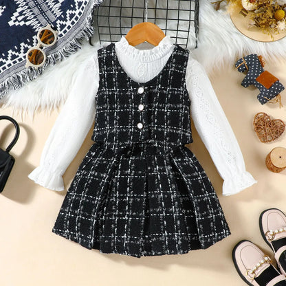 Autumn Winter Fashion Kids Outfits Set Toddler Long Sleeve Lace Tops Plaid Vest Jacket With Skirts For Girls Casual Elegant Wear