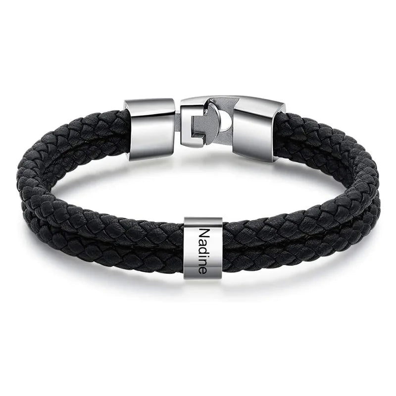 Custom Name Bracelets for Men Personalized Leather Bracelet with 1-5 Family Names Customized Gifts Jewelry for Dad Husband Son