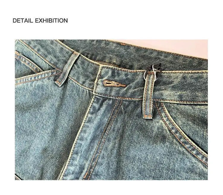 Embossed Trendy Workwear Jeans Men's Loose Straight Leg Retro Washed Trendy Casual Pants