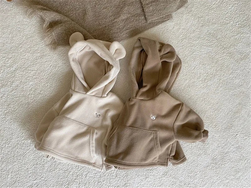 2023 Spring New Baby Boy Bear Hooded Sweatshirt Toddler Girls Cotton Clothes Embroidery Tops Kids Hoodies Outwear