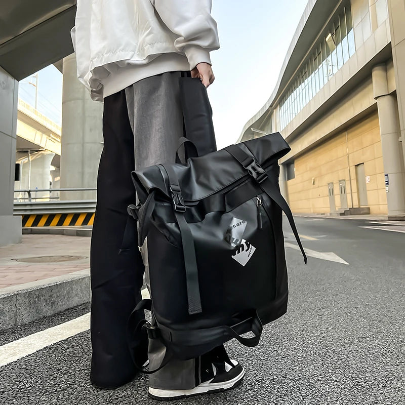 Men's Functional Black Backpack Trend Canvas Patchwork Design Backpack Large Capacity Travel Backpacks for Men Casual School Bag