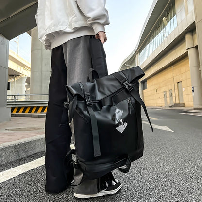 Men's Functional Black Backpack Trend Canvas Patchwork Design Backpack Large Capacity Travel Backpacks for Men Casual School Bag