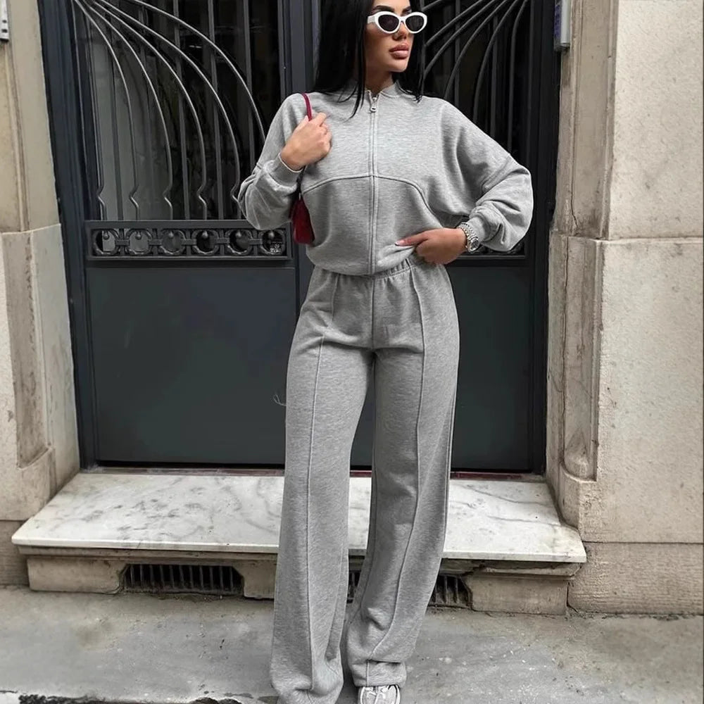 Autumn Outfits For Women 2 Piece Set Solid Color Zipper Loose Jacket + Drawstring Wide-leg Trousers Camping Tenue De Sport Femme