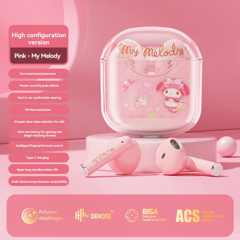 EBL19 Tws Wireless Bluetooth Headset Transparent Case Cute Hello Kitty Design Stereo Sound Earphones for All Smartphones