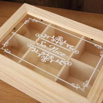 Eco-Friendly 6 Grids Wooden Tea Box Dust-proof with Clear Lid Desktop Organizer Handmade Multifunctional Tea Bag Holder Kitchen